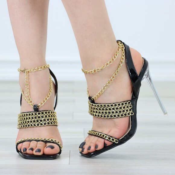 Open Toe High Heel Sandals Gold Chain Ankle Strap Patent Leather Stilettos - Picture 12 of 13